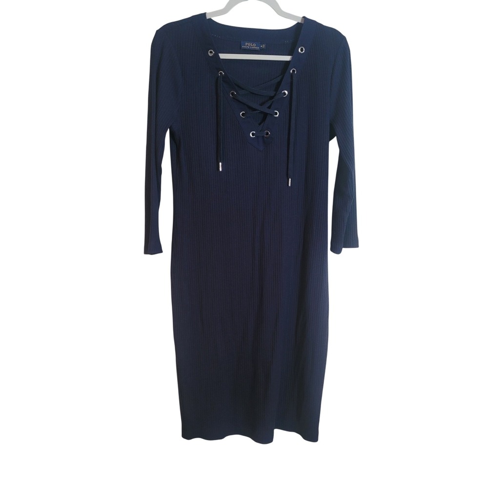 Polo Ralph Lauren Navy Blue Ribbed Lace Up Grommet Midi Dress Womens Size Medium